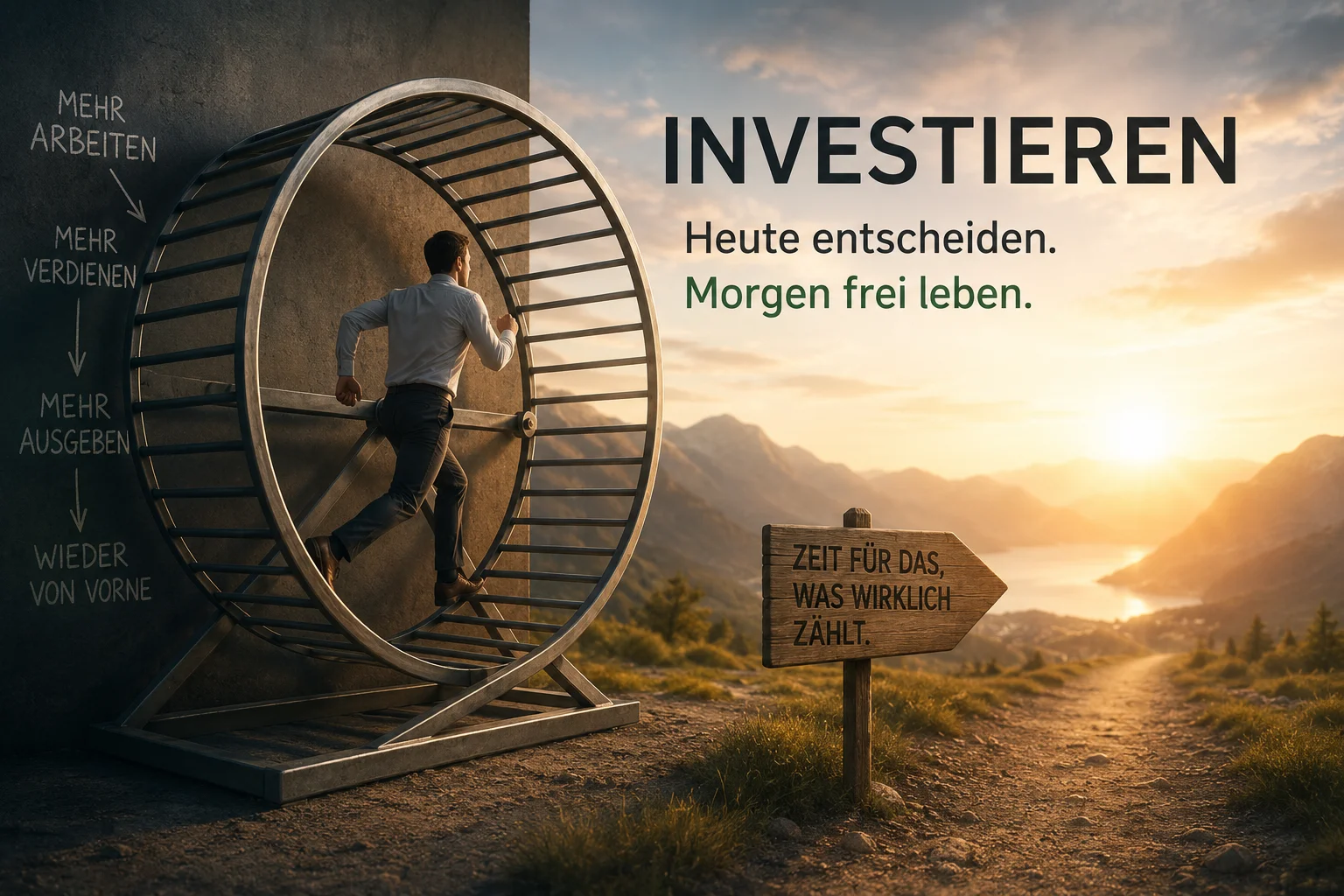 Symbolbild zum Thema Investieren. Ein Mann läuft in einem Hamsterrad, beschriftet mit „Mehr arbeiten, mehr verdienen, mehr ausgeben, wieder von vorne“. Das Rad steht an einer Weggabelung, die zu einem sonnigen Pfad in der Natur führt, mit einem Holzschild „Zeit für das, was wirklich zählt“. Text oben rechts: „Investieren. Heute entscheiden. Morgen frei leben.“